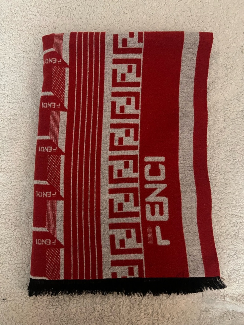 Fendi Red and Gray Logo Scarf with Black Fringe